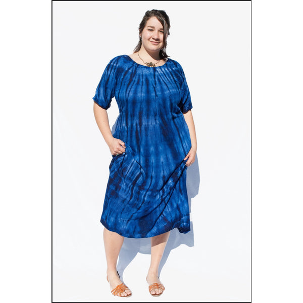 Blue Fossil Babydoll Cap Sleeve Dress: Tie-dye dress